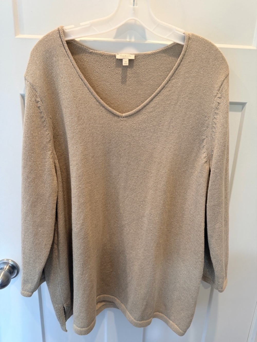 Talbots 3X Beige Knit Sweater Lightweight V Neck 3/4 Sleeve Plus Size